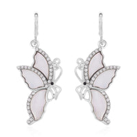 White Shell, Black and White Austrian Crystal Butterfly Earrings in Silvertone & Stainless Steel