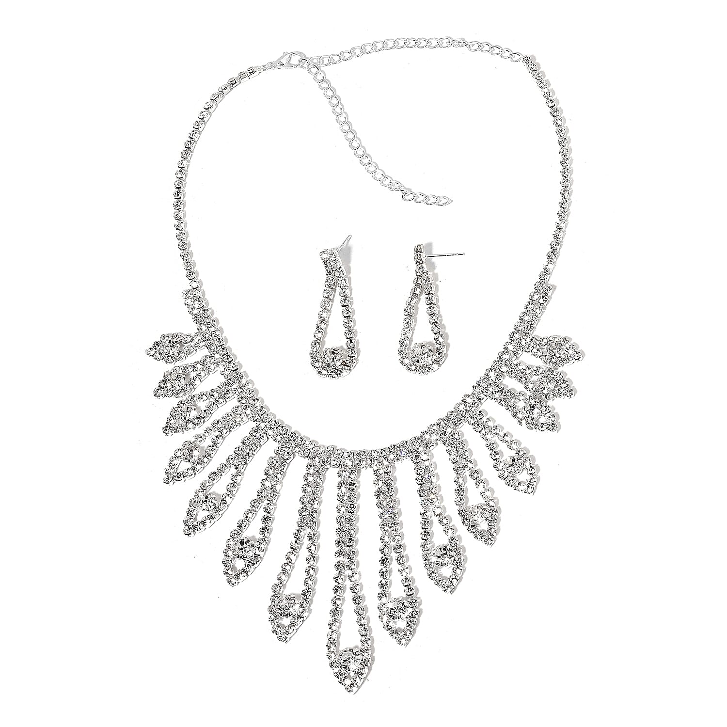 White Austrian Crystal Earrings and Chandelier Necklace 22 Inches in Silvertone