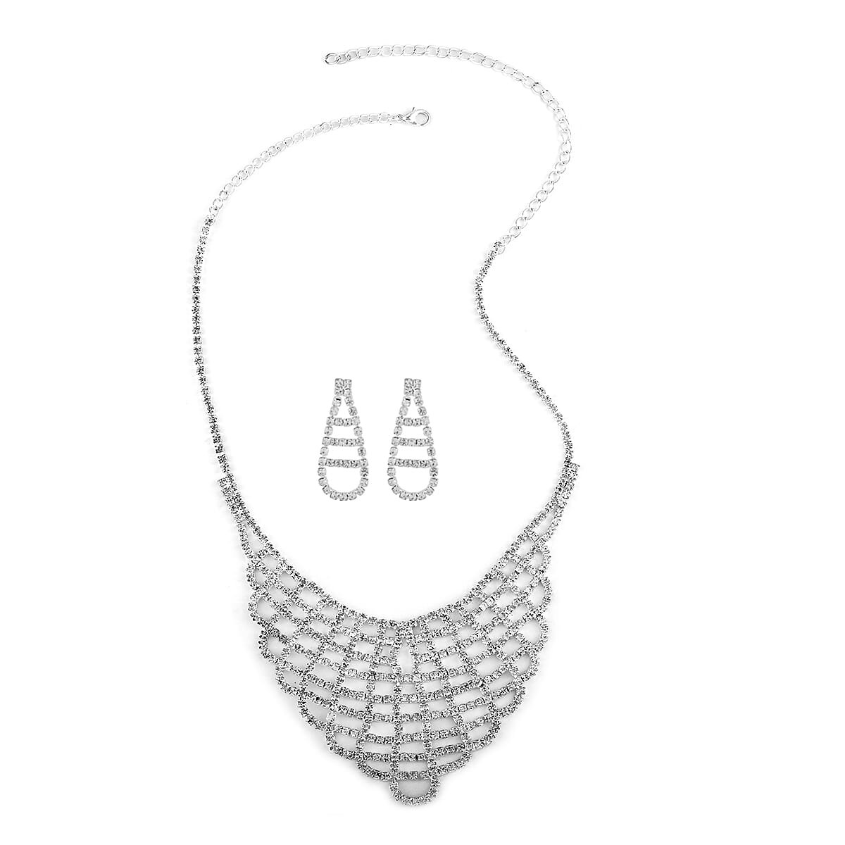 White Austrian Crystal Earrings and V Shape Necklace 22 Inches in Silvertone