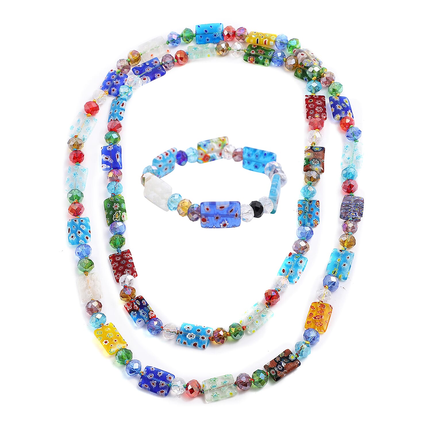 Multi Color Murano Style and Multi Color Glass Square Stretch Bracelet and Endless Necklace (46.00 In)