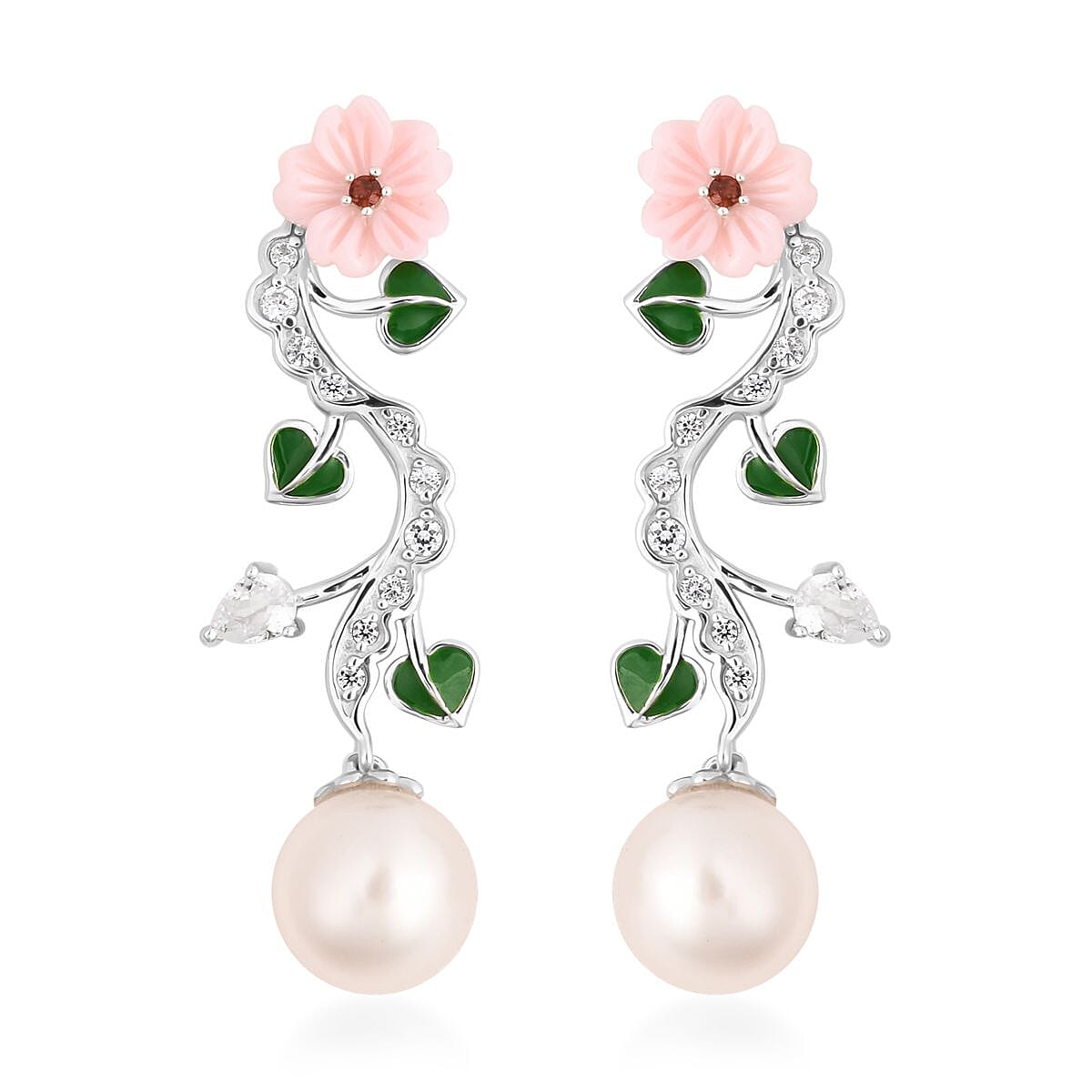 Jardin Collection South Sea White Cultured Pearl and Multi Gemstone Earrings in Sterling Silver 1.00 ctw