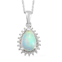 Premium Ethiopian Welo Opal and Natural White Zircon Halo Pendant Necklace 20 Inches Platinum Over Sterling Silver 1.10 ctw