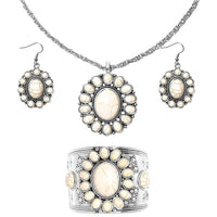 Blue Howlite Floral Cuff Bracelet (7.50-8.50 In), Earrings and Pendant Necklace 26-30 Inches in Silvertone 71.00 ctw