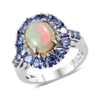 Premium Ethiopian Welo Opal and Multi Gemstone Halo Ring in Platinum Over Sterling Silver 4.00 ctw