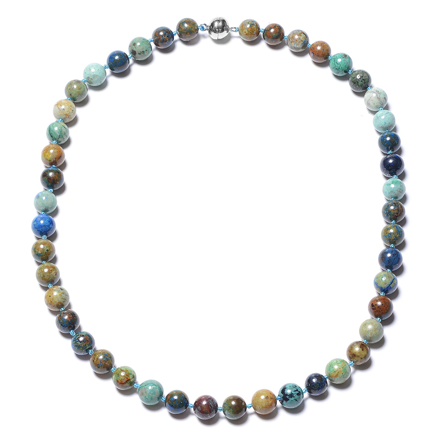 295 ctw Natural Chrysocolla Beads Necklace 20 Inches in Sterling Silver Magnetic Clasp