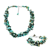 Blue Seed Bead and Shell Bracelet (8-10in) and Necklace (20-22 Inches) in Silvertone