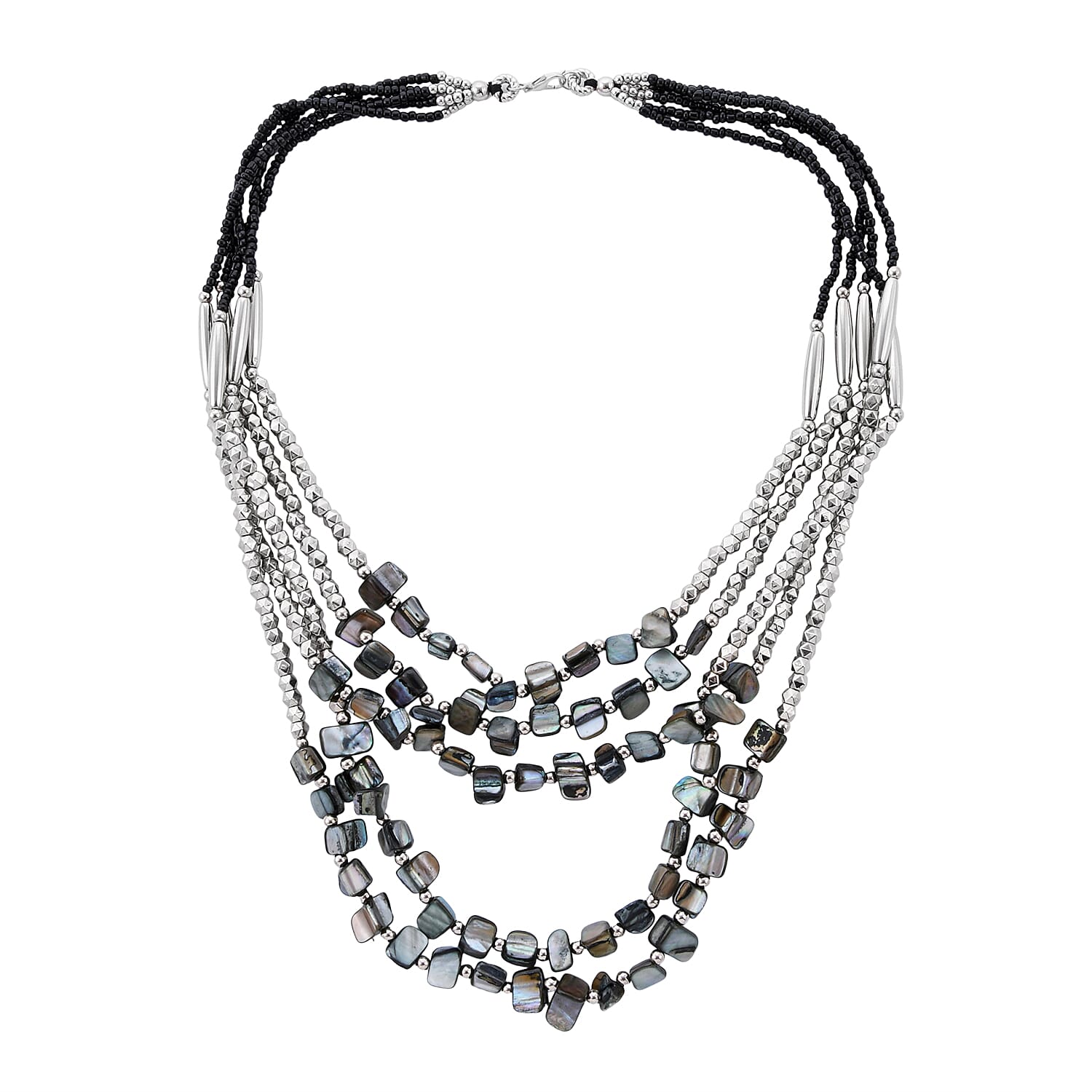 Black Seed Bead Multi Strand Necklace 24 Inches in Silvertone