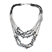 Black Seed Bead Multi Strand Necklace 24 Inches in Silvertone
