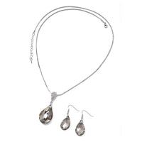 Grey Glass, White Austrian Crystal Drop Earrings and Necklace 29 Inch in Silvertone and Stainless Steel