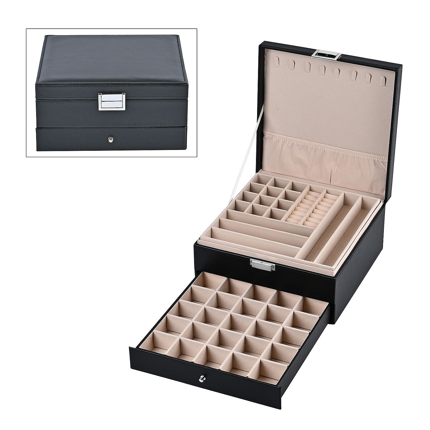 Black Faux Leather 3 Layer Jewelry Organizer with Removable Tray and Drawer