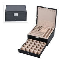 Black Faux Leather 3 Layer Jewelry Organizer with Removable Tray and Drawer
