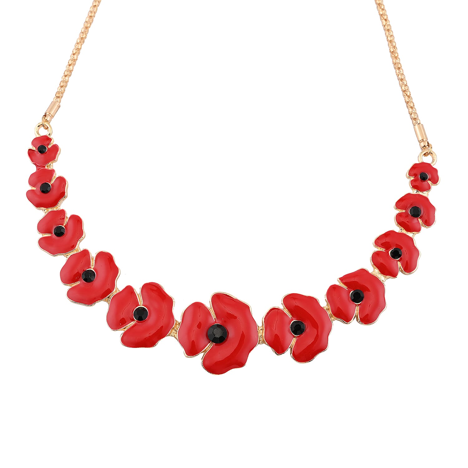 Black Austrian Crystal and Enameled Red Poppy Flower Pendant Necklace 24-27 Inches in Goldtone