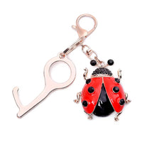 Black Austrian Crystal Enameled Ladybug Key Chain with Touchless Door Opener in Goldtone