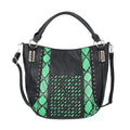 Black and Green, Faux Leather Snake Skin Print Rivet Tote Bag with Detachable Strap - Sticky add to cart bar