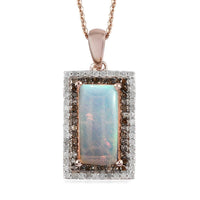 3.25 ctw Ethiopian Welo Opal and Natural Champagne and White Diamond Elongated Pendant Necklace 20 Inch in Black Rhodium and Vermeil Rose Gold Over Sterling Silver
