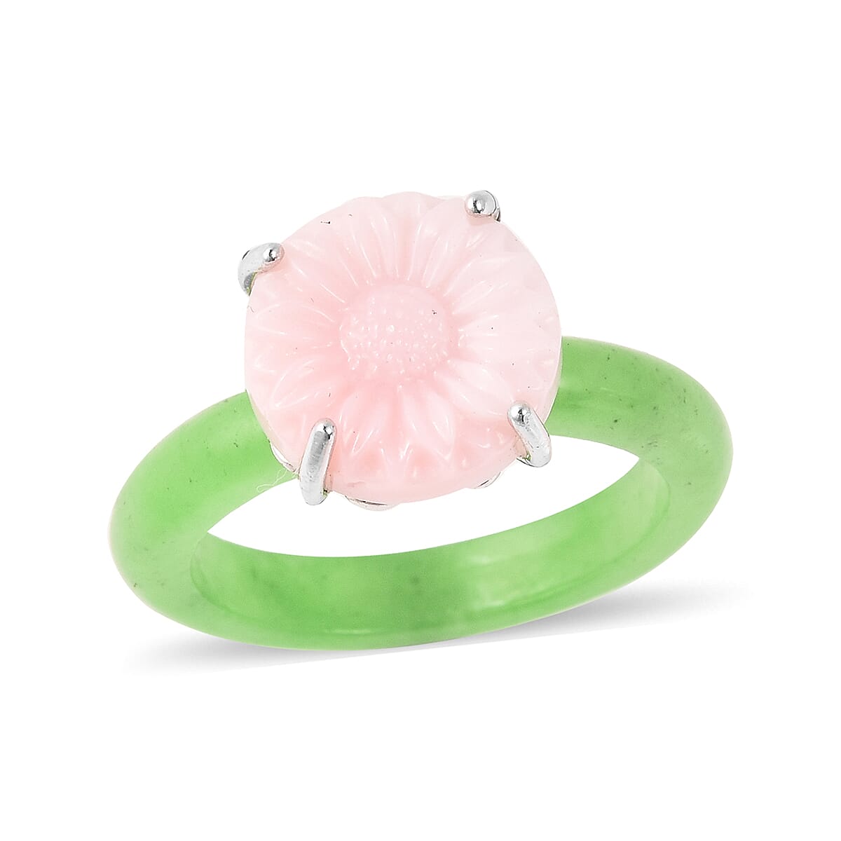 Jardin Collection Pink Mother of Pearl and Green Jade Floral Ring in Sterling Silver (Size 9.0) 9.75 ctw