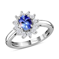 Tanzanite and White Zircon Floral Halo Ring in Platinum Over Sterling Silver