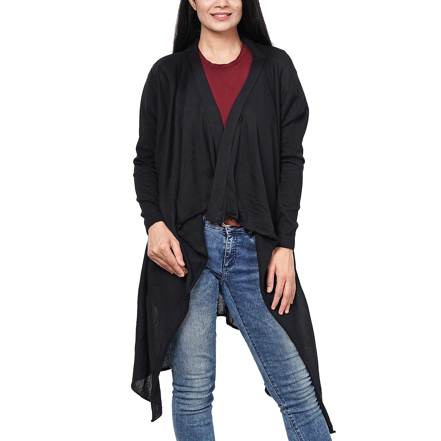 PASSAGE 100% Cotton Knit Black Long Sleeve Waterfall Cardigan (S)