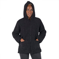 Black Satin Lined Faux Fur Hooded Jacket with Front Pockets (S, 100% Polyester)