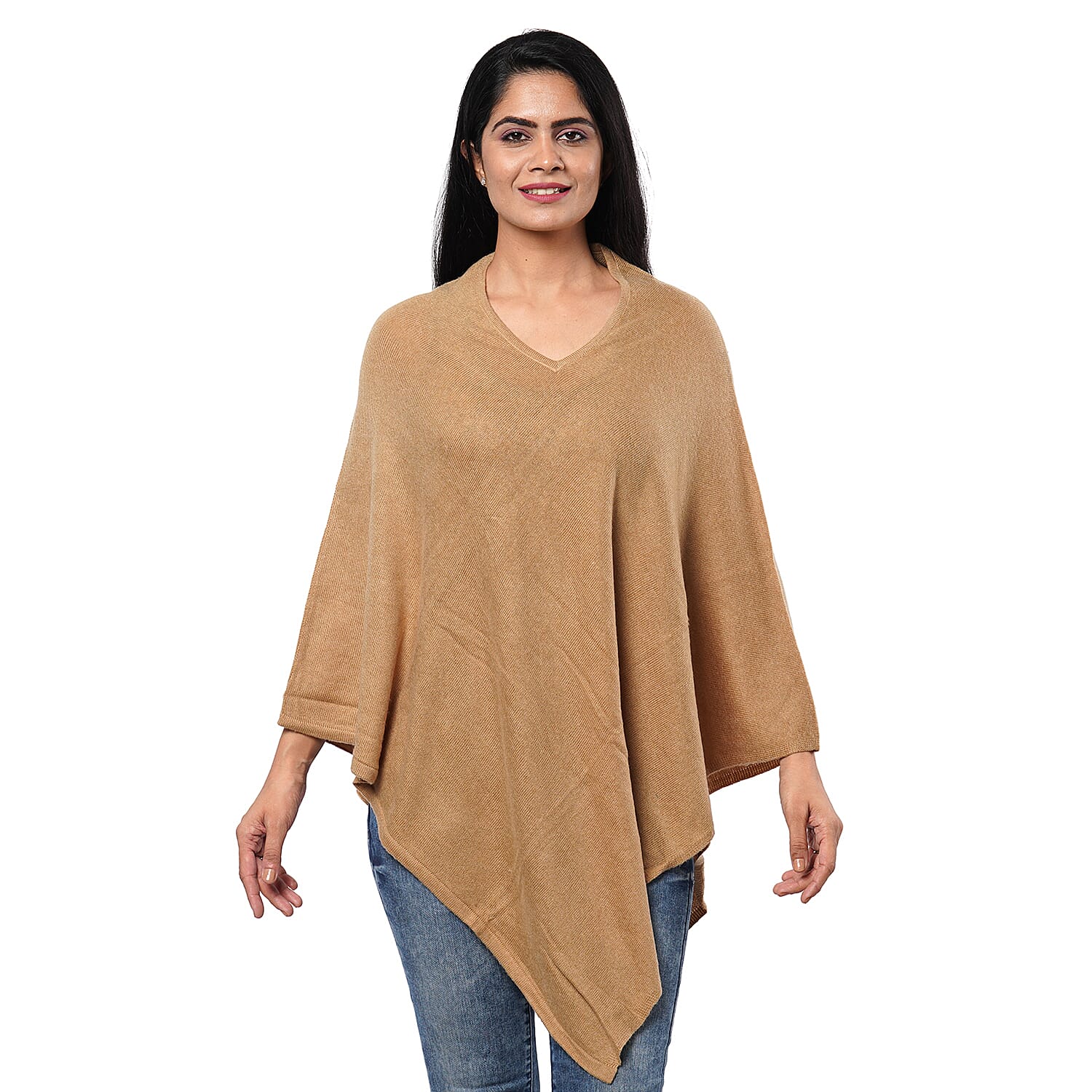 PASSAGE 100% Cashmere Wool Beige Poncho (One Size Fits Most, 28x28)