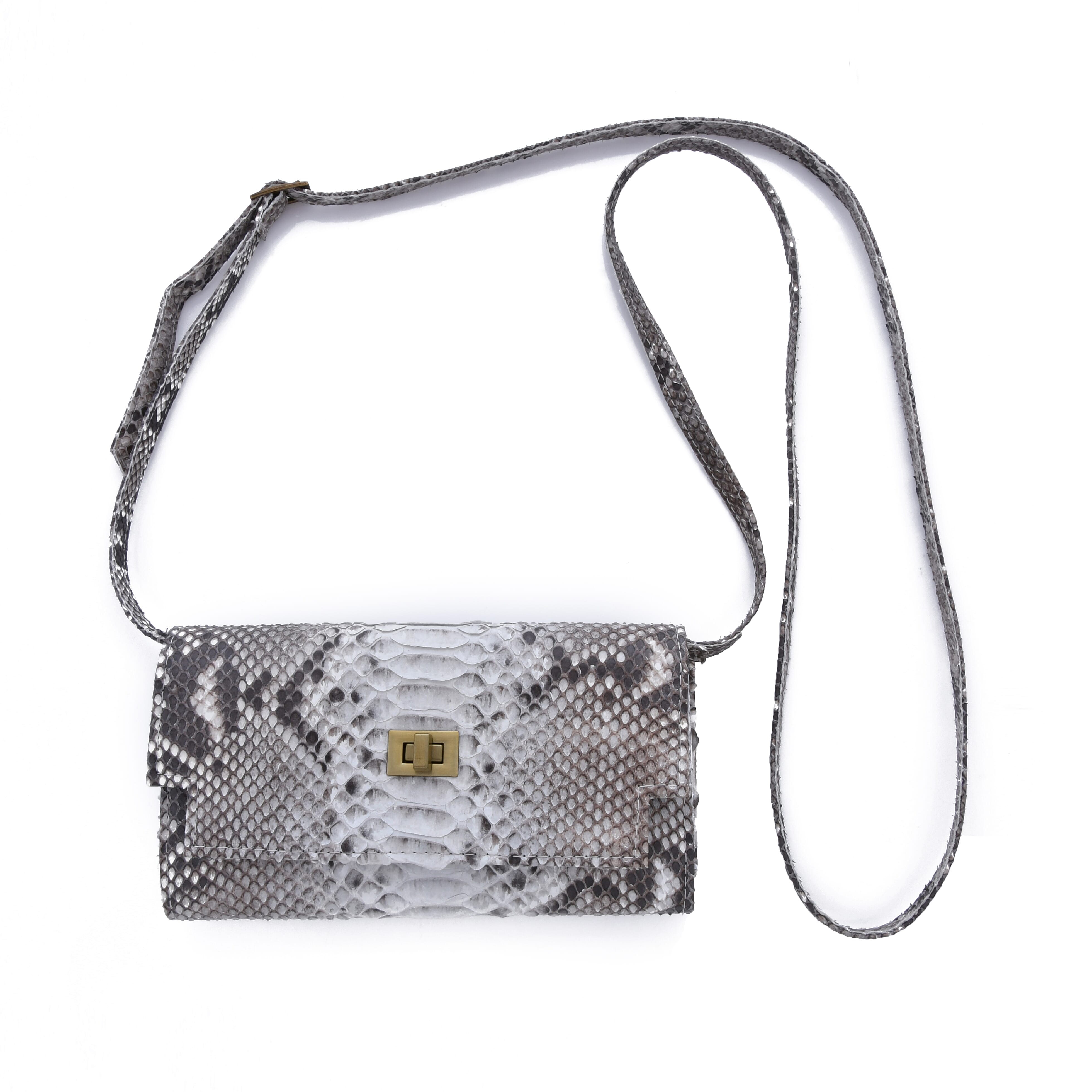 The Pelle Natural Python Collection Natural Python Leather Bi-Fold Flap Over Crossbody Wallet with Detachable Strap