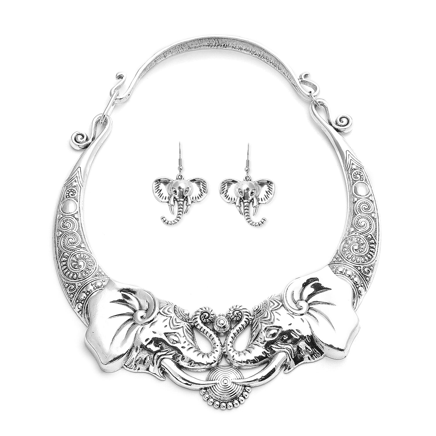 Elephant Earrings and Choker Necklace 16 Inches in Goldtone