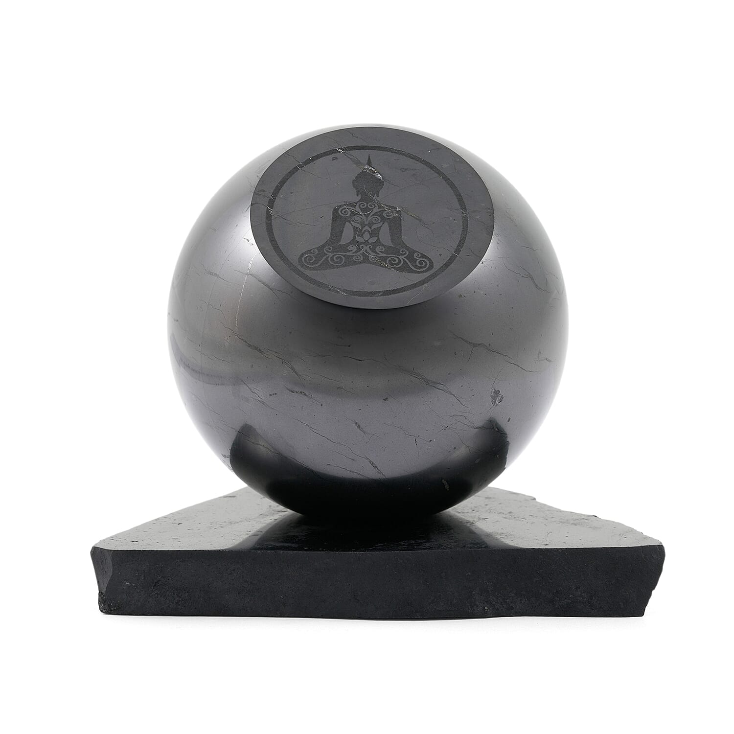 Buddha Engraved Shungite Sphere with Stand 8cm Approx. 629.00 ctw