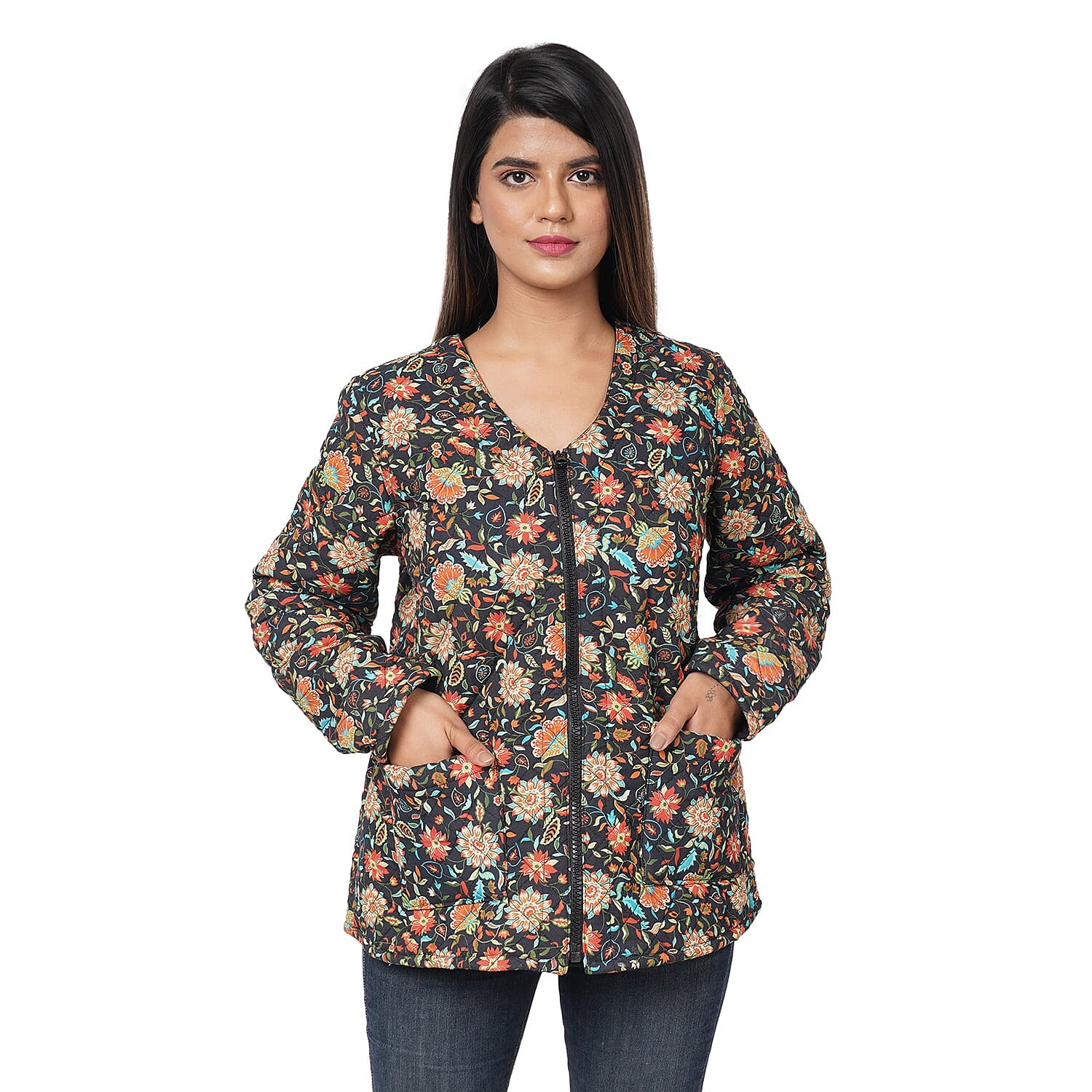 PASSAGE Reversible V-Neck Zippered Quilted Jacket - Floral Print/Reverse Side Black (100% Viscose) - S