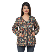 PASSAGE Reversible V-Neck Zippered Quilted Jacket - Floral Print/Reverse Side Black (100% Viscose) - S