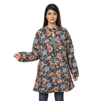 PASSAGE Reversible Button-Up Long Quilted Jacket - Floral Print/Reverse Side Black - S