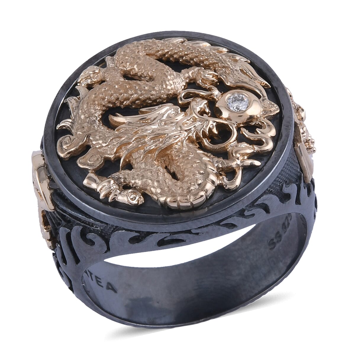 Galatea El Capitan Collection 14K Yellow Gold Diamond Accent Dragon Ring in Black Rhodium Sterling Silver (Size 10.0) (19.6 g) 0.05 ctw