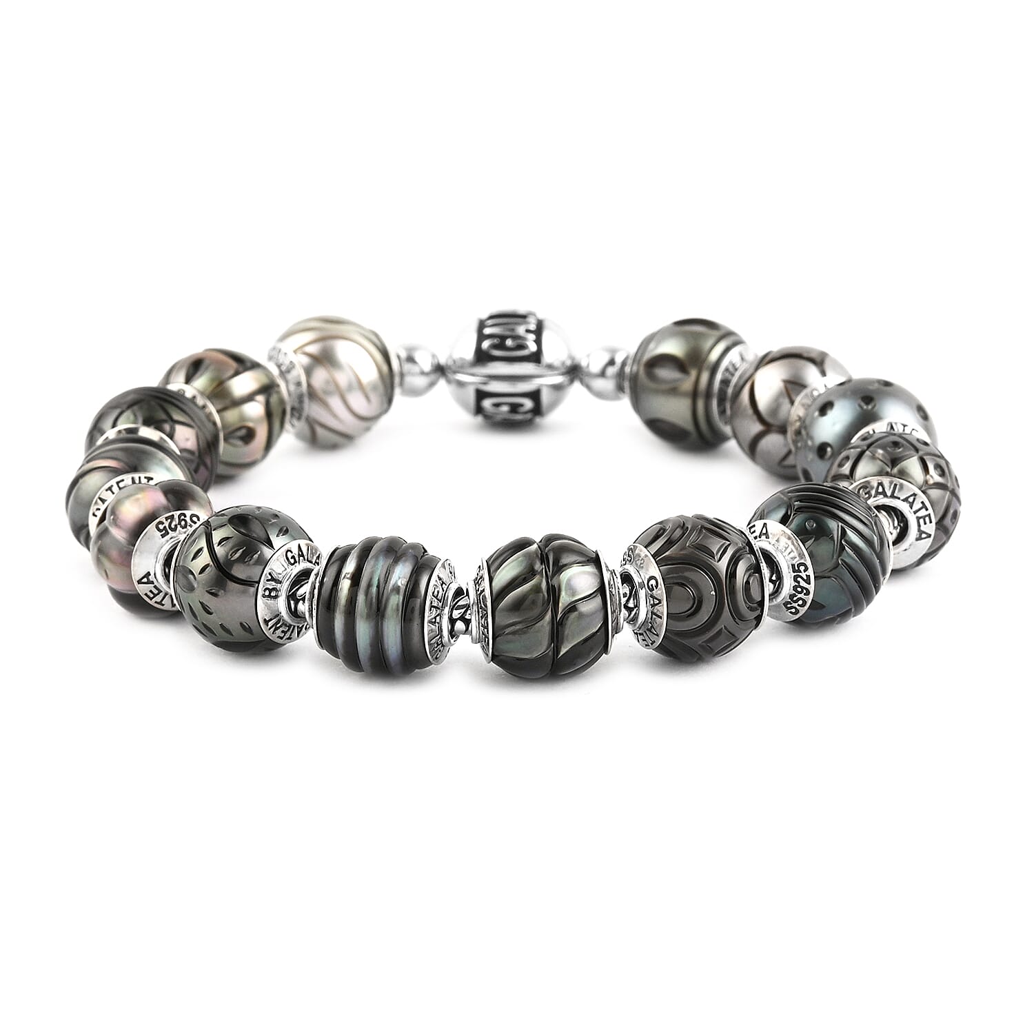 Galatea Queen Bead Collection Carved Tahitian Cultured Pearl 10mm Bracelet in Sterling Silver (8.00 In) (7.50 g)