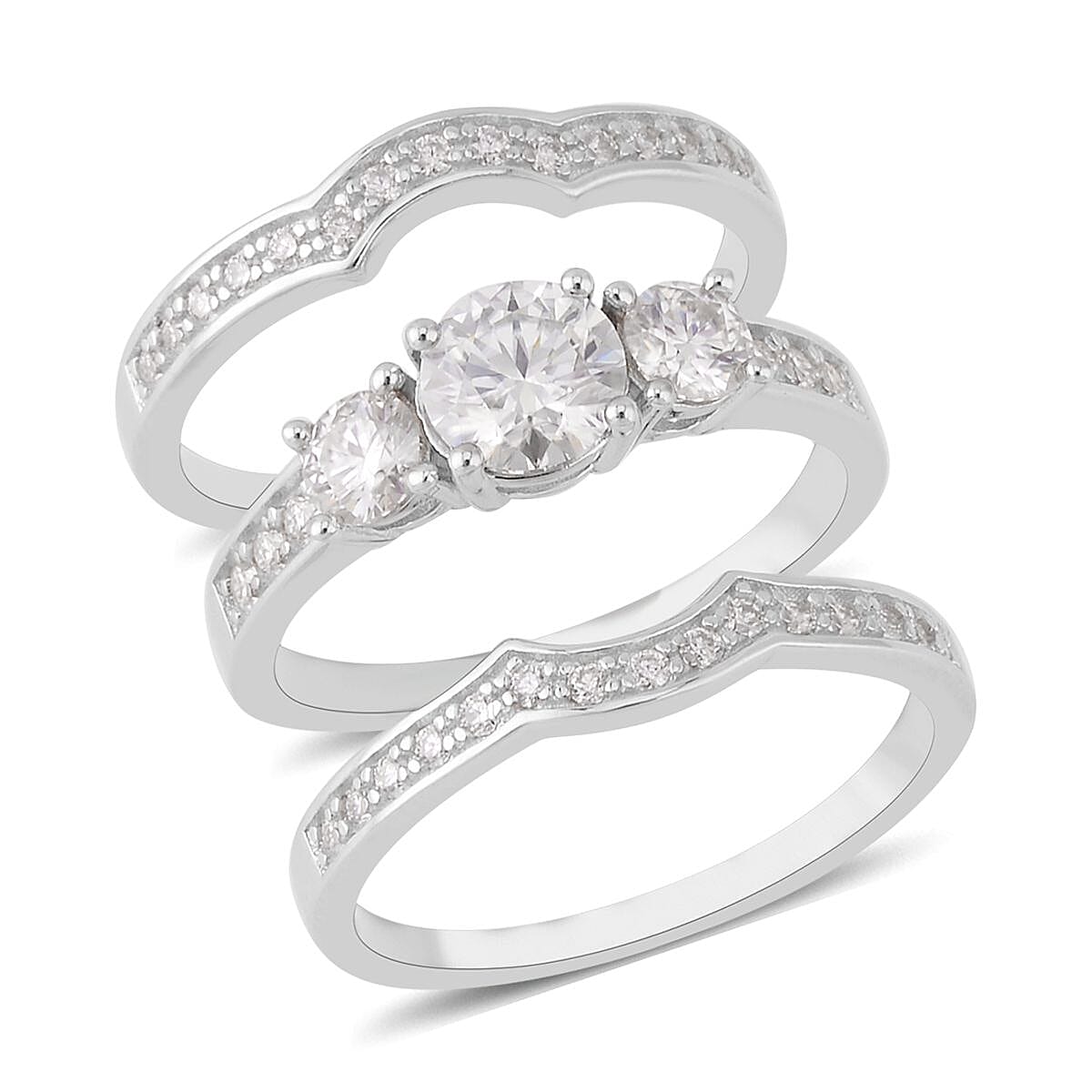 Moissanite Set of 3 Bridal Ring in Rhodium Over Sterling Silver 1.75 ctw