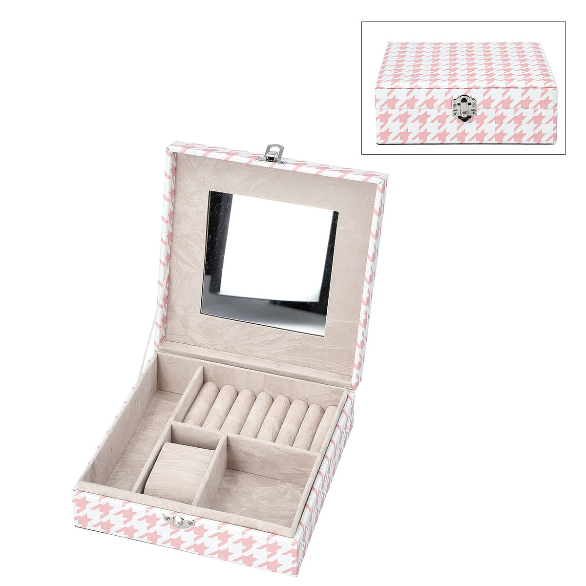 Blue Faux Leather Houndstooth Pattern Jewelry Box (7x7x2) (1)