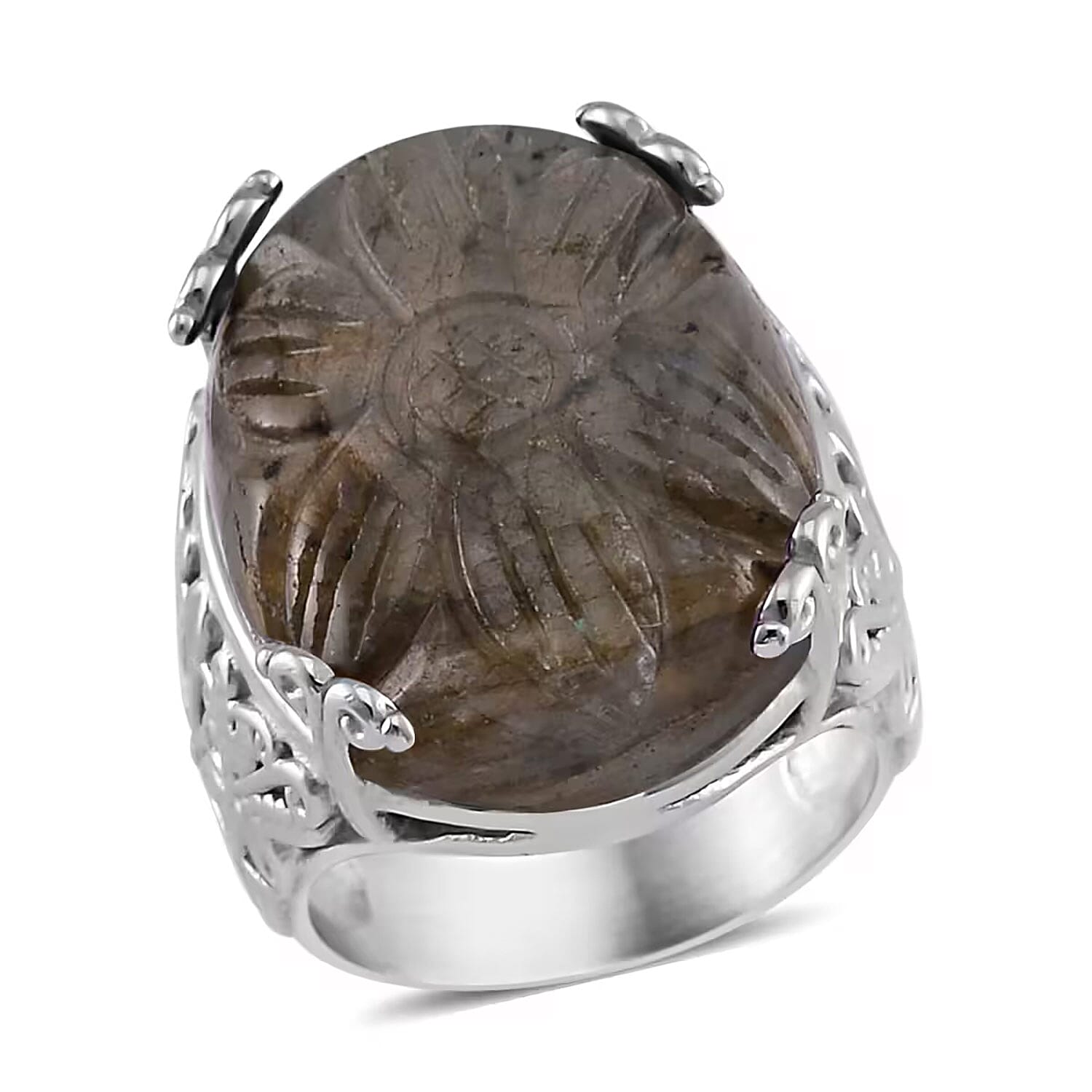 Malagasy Labradorite Carved Ring in Stainless Steel 11.65 ctw