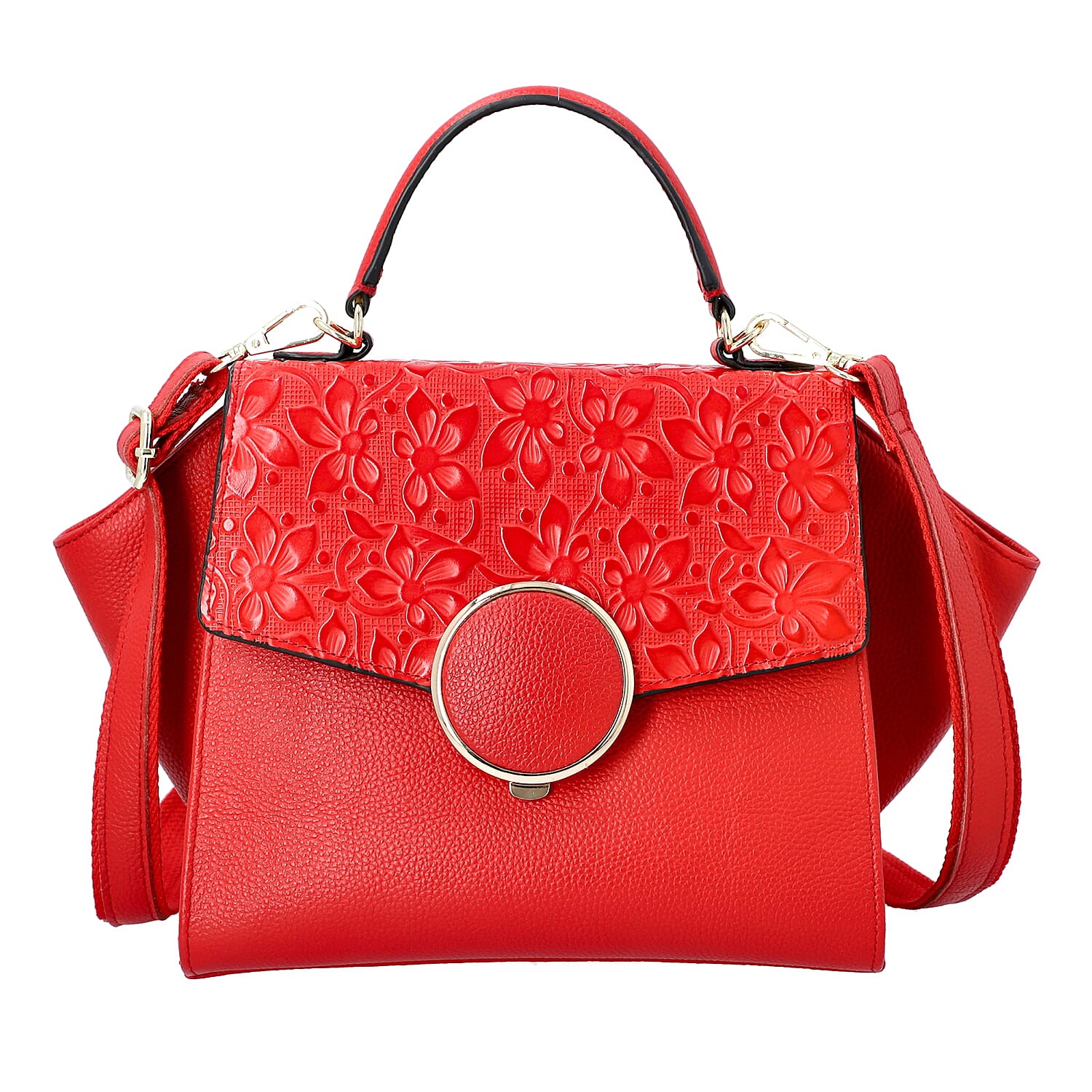 Hong Kong Closeout Collection Red Flower Embossed Pattern Genuine Leather Flap Bag (14.17""x9.45""x5.12""x8.66"")