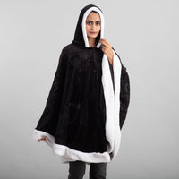 Black Microfiber Wrap Hooded Blanket Poncho with Pockets and Sherpa Trim - One Size Fits Most