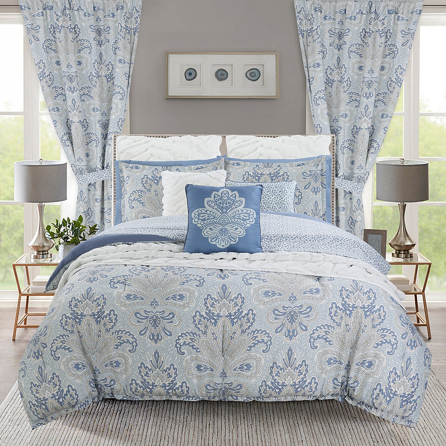 Closeout Cozelle GRANDEUR Collection Blue Microluxe 4 Piece Damask Comforter Set (Twin)