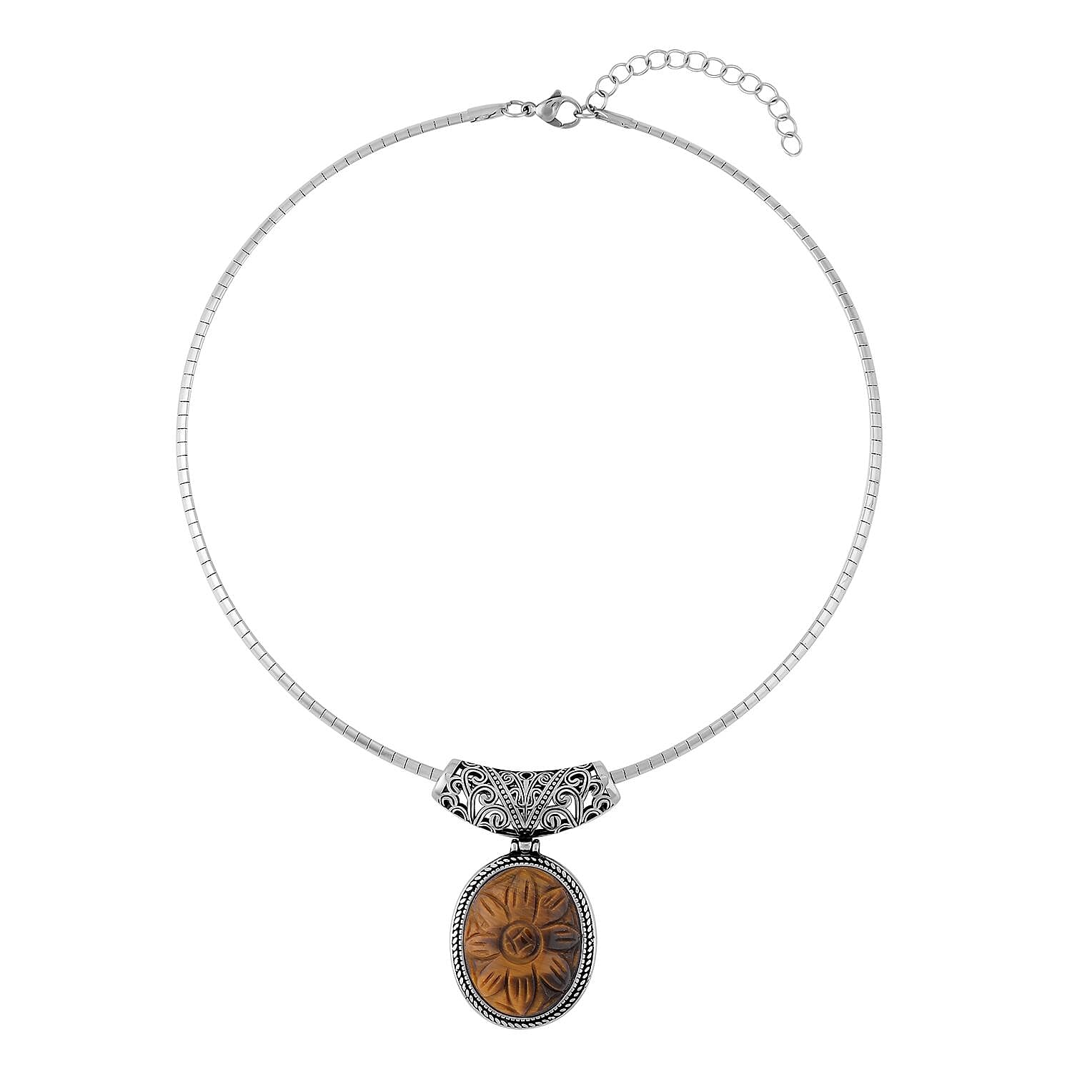 Yellow Tiger Eye Pendant With Necklace 18-20 Inch in Black Oxidized Stainless Steel 30..00 ctw