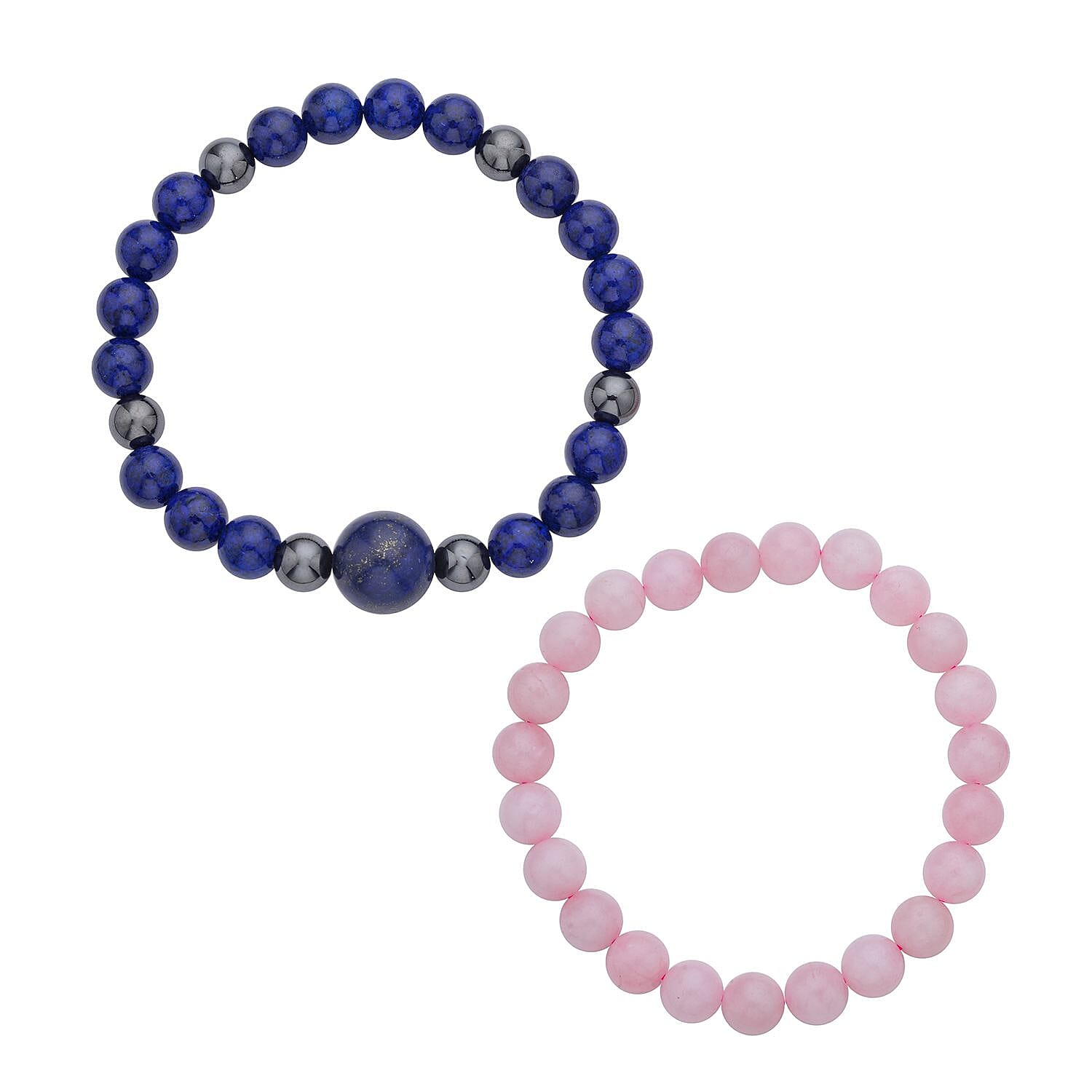 Lapis Lazuli, Hematite and Galilea Rose Quartz Set of 2 Beaded Stretch Bracelet (6.50, 7.00 In) 237.00 ctw