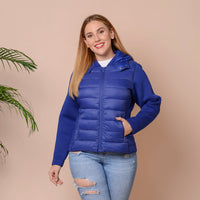 PASSAGE Black Zip-Front Hooded Puffer Jacket with Contrast Sleeves (S, Nylon and Polyester)