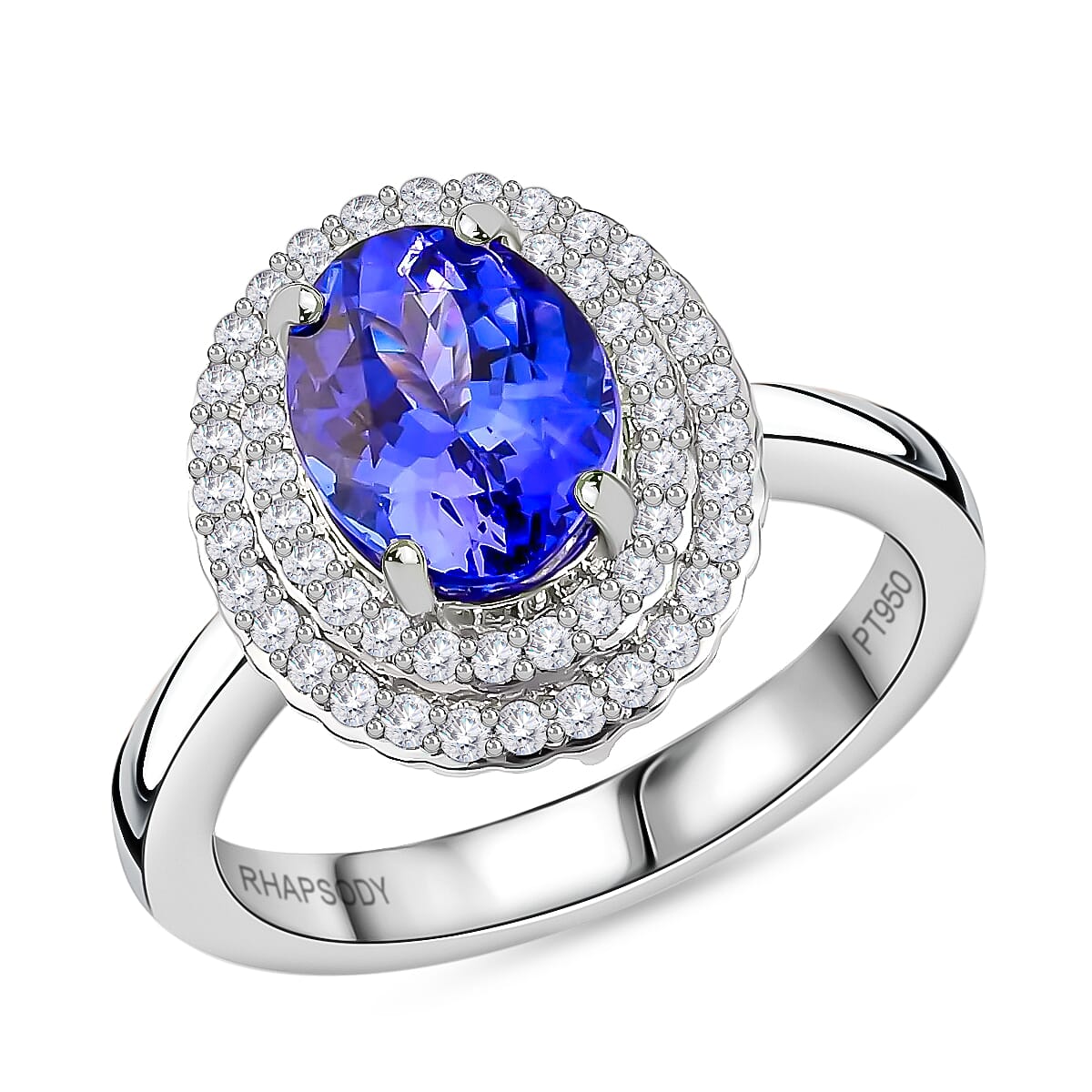 Rhapsody 2.50 ctw AAAA Tanzanite and Diamond E-F VS2 Double Halo Ring in 950 Platinum with Appraised Certificate (Size 7.0) 7 Grams