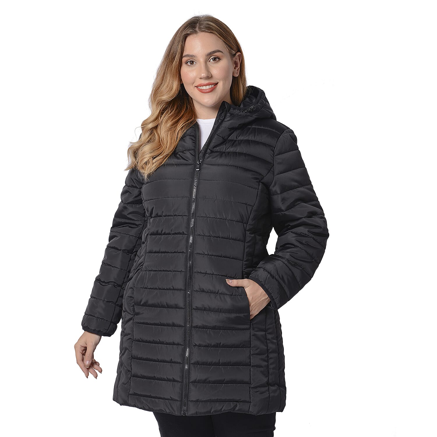 PASSAGE Black Long Puffer Coat with Hood (S, 100% Polyester)