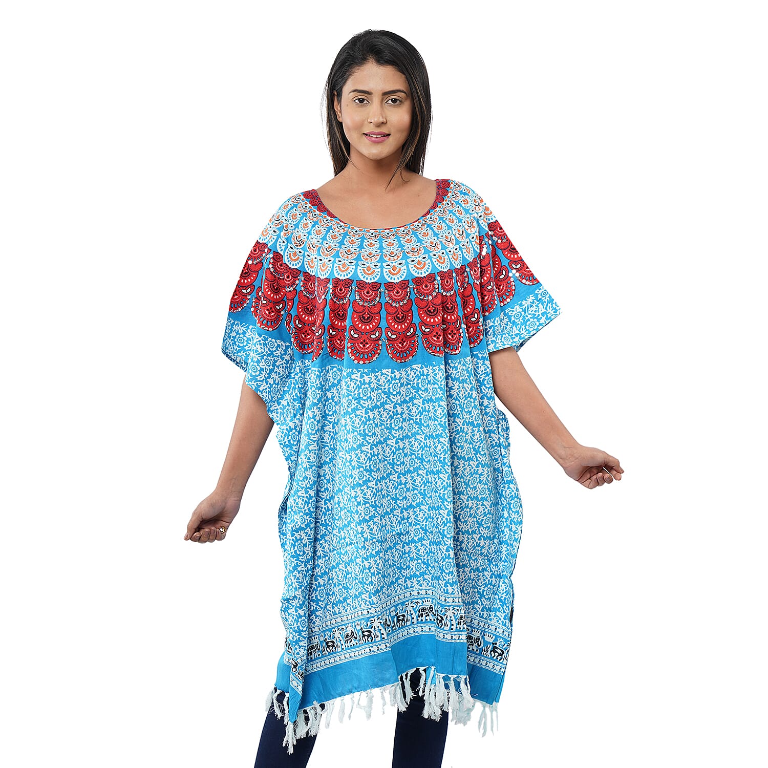 Blue Sequin and Fringe Embellishments Kaftan Top (35"x45")