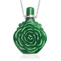 Green Jade and Simulated Diamond Carved Rose Flower Scent Bottle Necklace 18 Inches in Sterling Silver 173 ctw