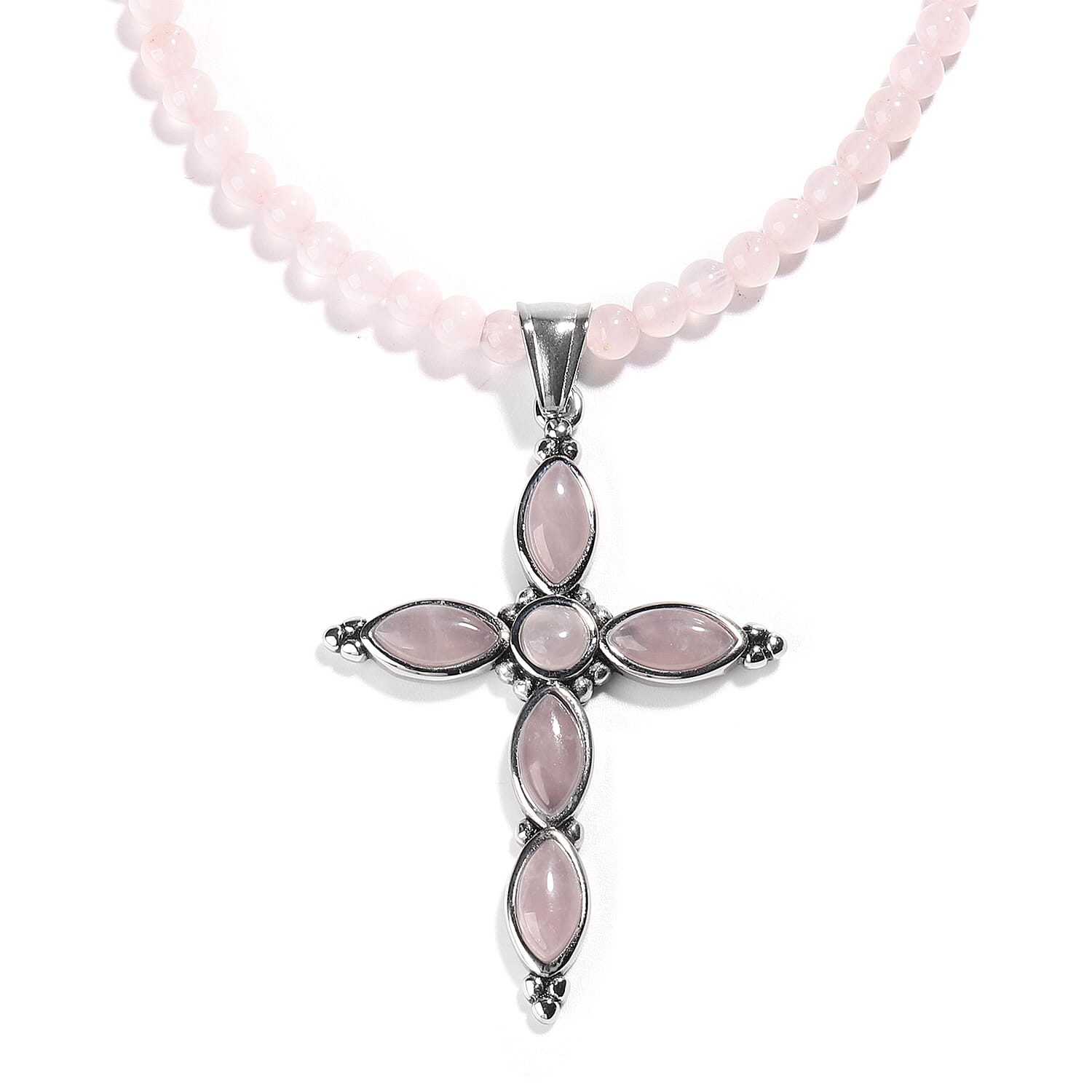 70.80 ctw Amethyst Cross Pendant With Beads Necklace 18 Inch in Black Oxidized Stainless Steel (1)