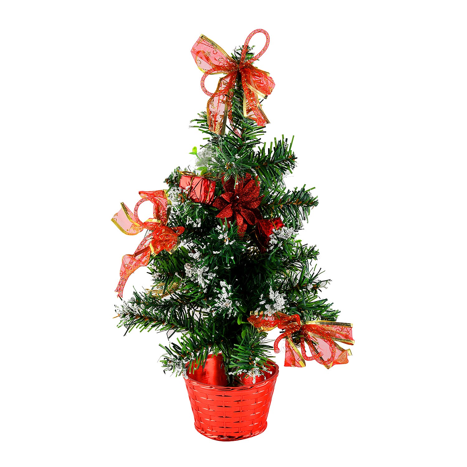 Table Christmas Tree with Snow Flocking, Silver Berries & Baubles and Bowknot- Silver (17.70") (1)