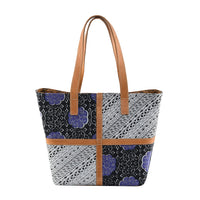 White and Black Indonesian Traditional Wax-Resist Dyeing Batik Printed Handbag with Genuine Leather Hand and Shoulder Strap