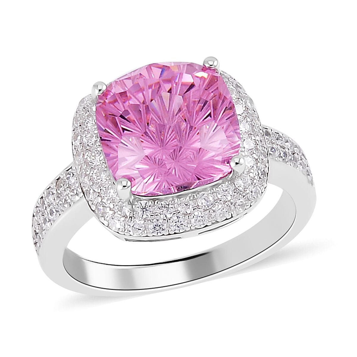 Lustro Stella Honey Comb Fire Work Cut Finest Pink and White CZ Double Halo Ring in Platinum Over Sterling Silver 10.40 ctw