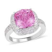 Lustro Stella Honey Comb Fire Work Cut Finest Pink and White CZ Double Halo Ring in Platinum Over Sterling Silver 10.40 ctw